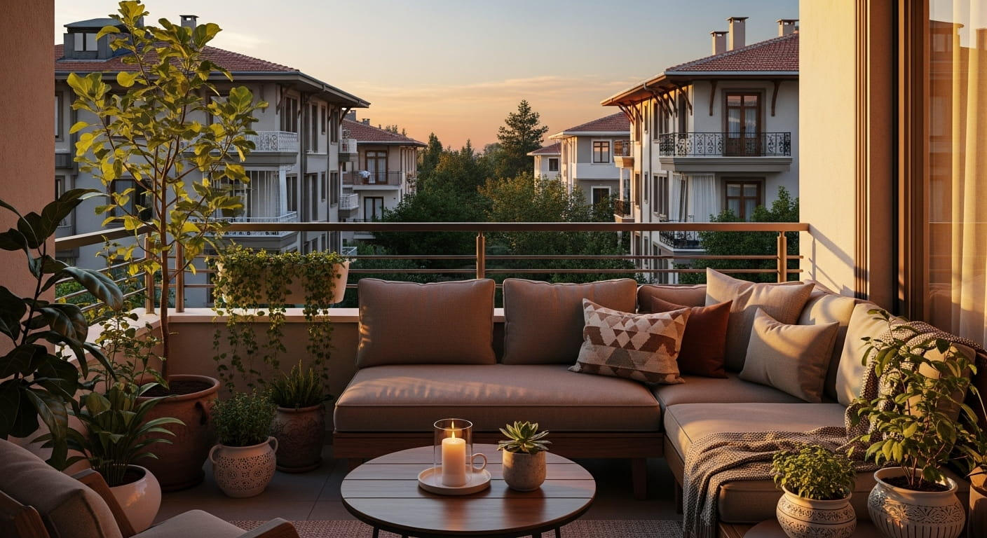 Rahat oturma grubu ve bitkilerle dekore edilmiş balkon, gün batımı manzarasına karşı.