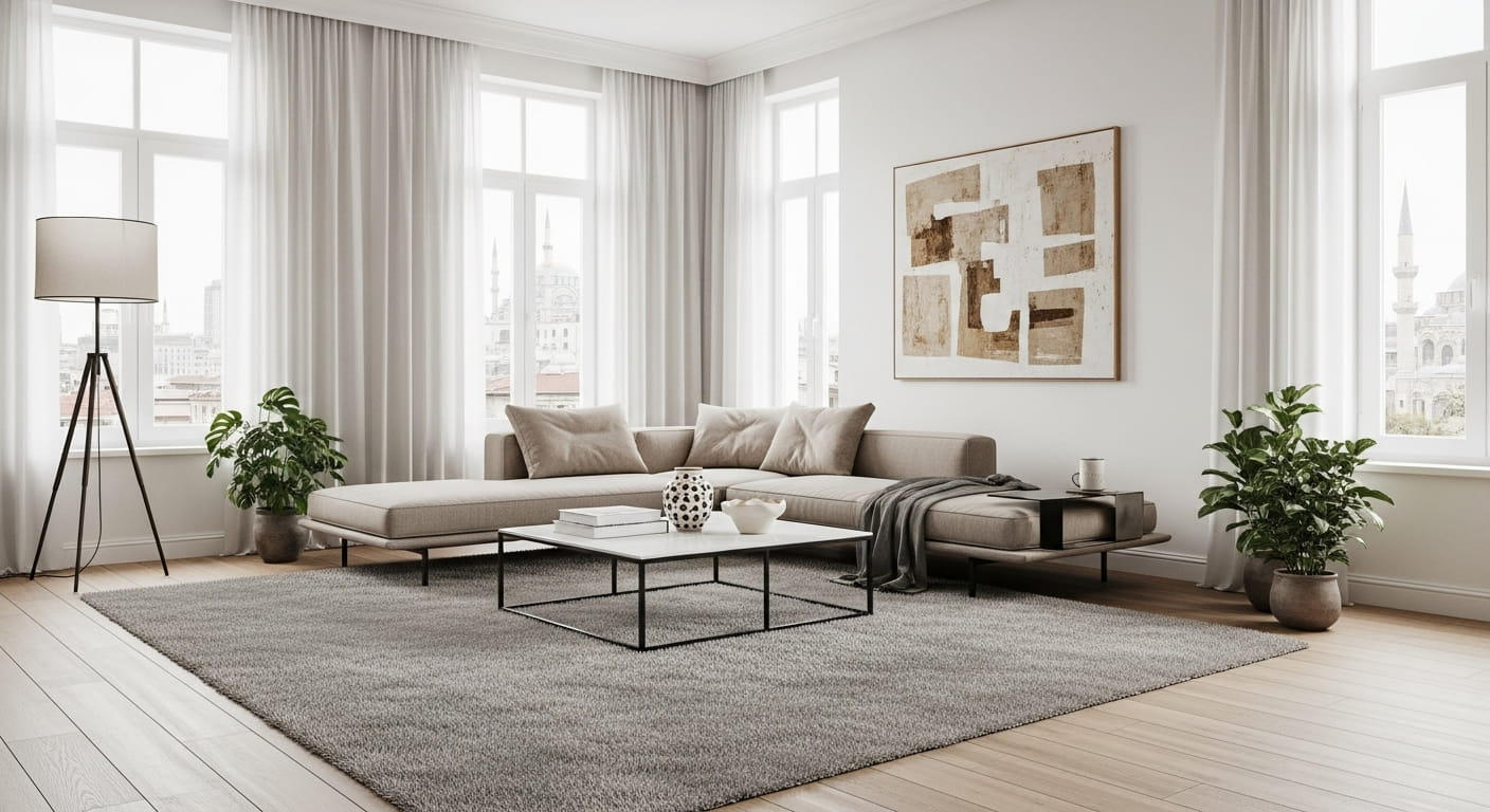 Geniş pencerelerden gün ışığı alan, modern mobilyalarla döşenmiş aydınlık oturma odası.