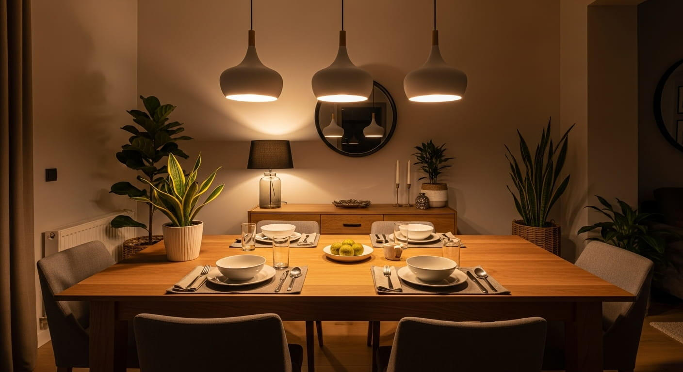 Ahşap masa, modern sarkıt lambalar ve bitkilerle akşam yemeği için hazırlanmış yemek odası.